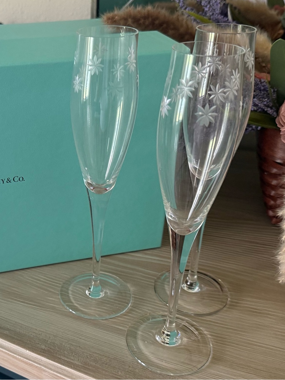 RARE Tiffany & Co. Clear Etched Floral Champagne Flutes with Blue Box set of 3
